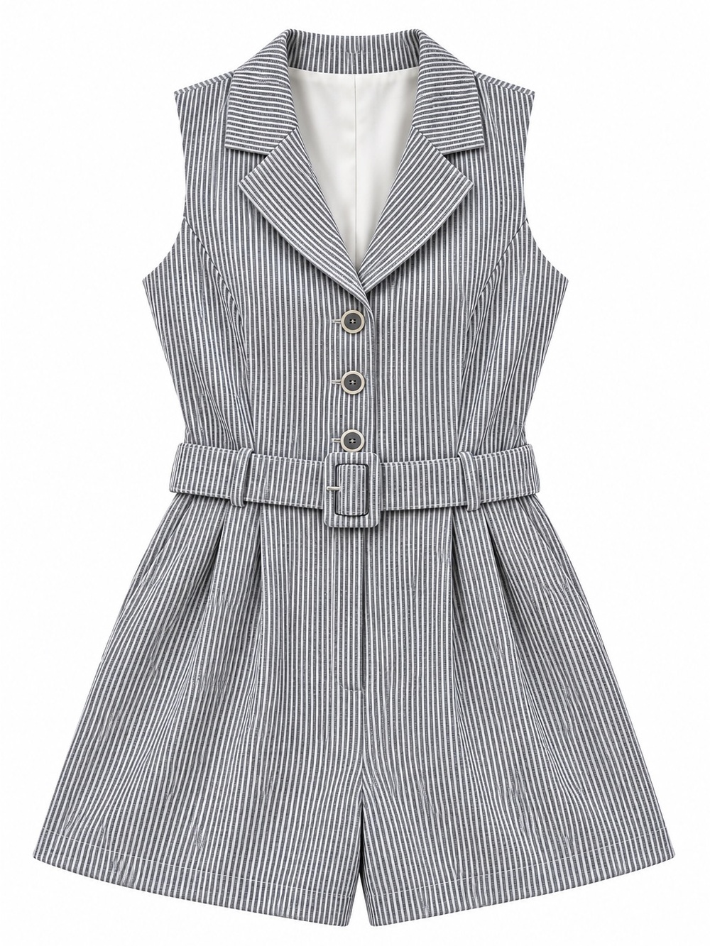 Hellen Verri Gray Pinstripe Sleeveless Belted Romper